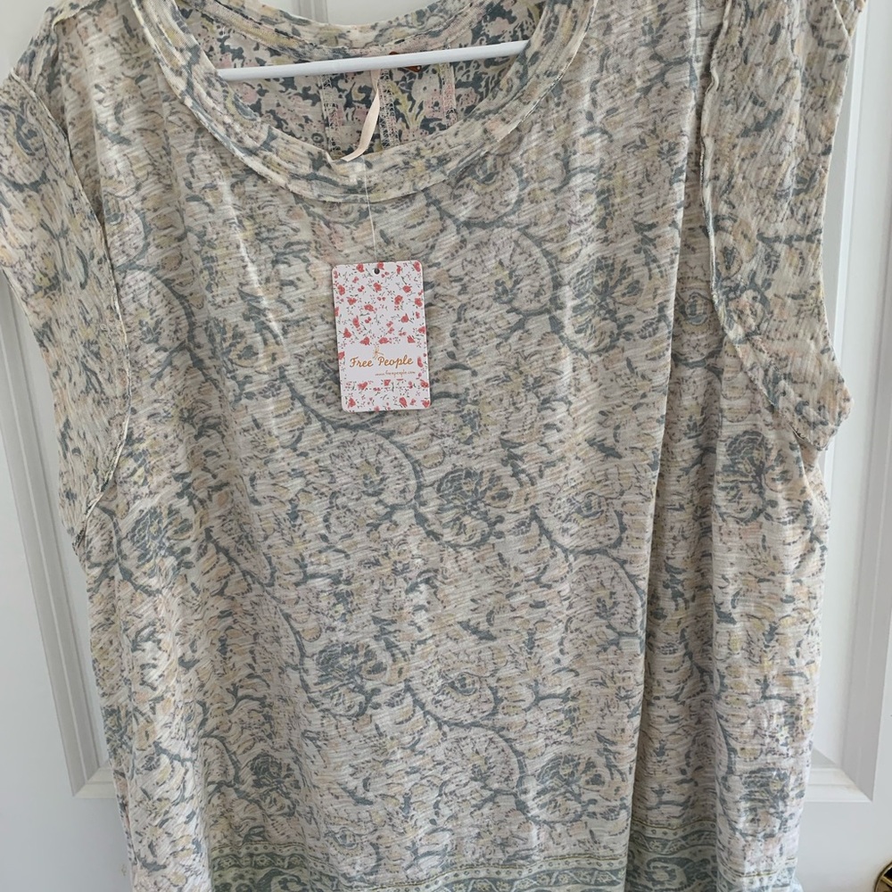 Free People Women's Cream Floral-Print Short Sleeve Top Size S